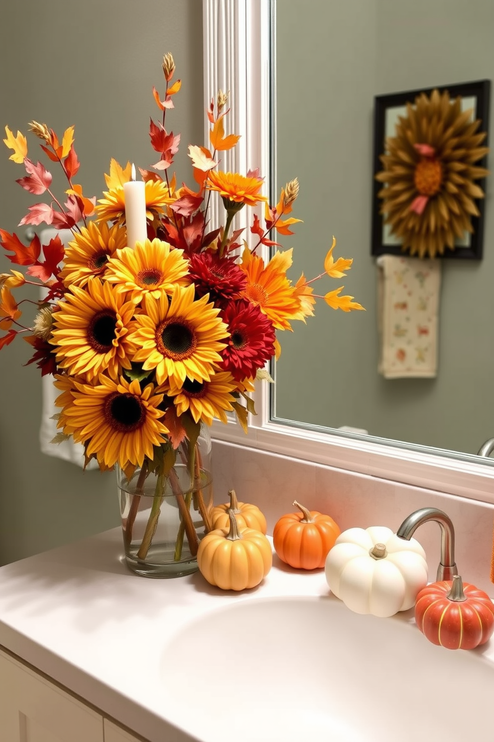 Seasonal floral arrangement in a vase featuring autumn hues of orange, red, and yellow. The arrangement includes sunflowers, chrysanthemums, and seasonal leaves to create a warm and inviting atmosphere. Thanksgiving bathroom decorating ideas include adding small decorative pumpkins and candles to the countertop. A cozy hand towel with fall patterns can enhance the festive feel while maintaining a sophisticated look.