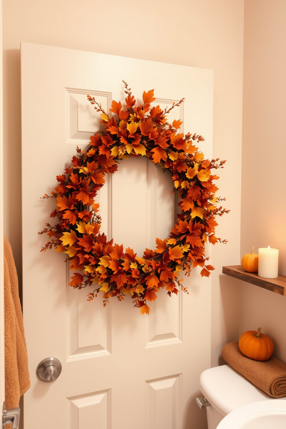 A warm and inviting bathroom adorned with a wreath made of autumn foliage. The wreath, rich in oranges, yellows, and browns, is hung prominently on the door, creating a festive atmosphere for Thanksgiving. Soft, neutral tones dominate the walls, complemented by plush towels in earthy hues. A rustic wooden shelf displays seasonal decor, including small pumpkins and candles, enhancing the cozy vibe of the space.