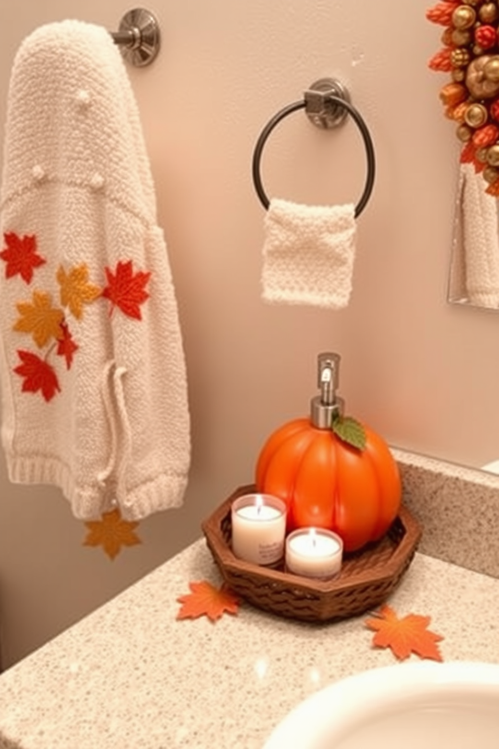 A cozy Thanksgiving-themed bathroom featuring decorative bath accessories. The scene includes a plush hand towel adorned with autumn leaves and a soap dispenser shaped like a pumpkin. The countertop is decorated with a small wooden tray holding scented candles and a festive soap dish. A warm, inviting color palette of oranges and browns enhances the seasonal atmosphere.