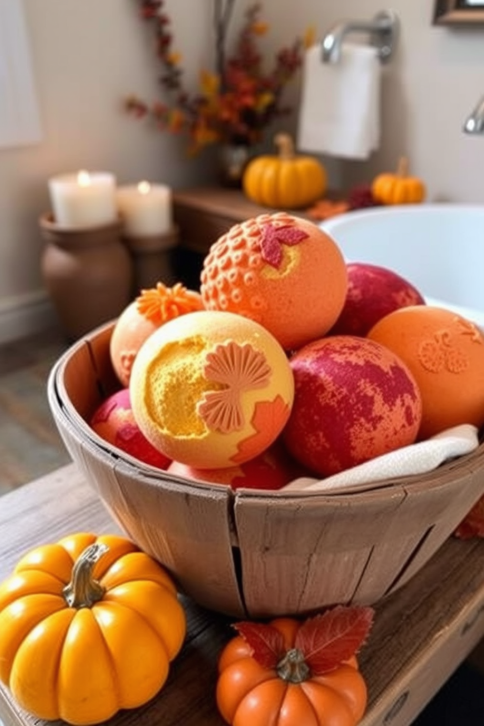 Colorful fall-themed bath bombs are artfully arranged in a rustic wooden basket, showcasing vibrant hues of orange, yellow, and deep red. The bathroom features warm, earthy tones with autumn-inspired decorations, including small pumpkins and seasonal foliage accents.