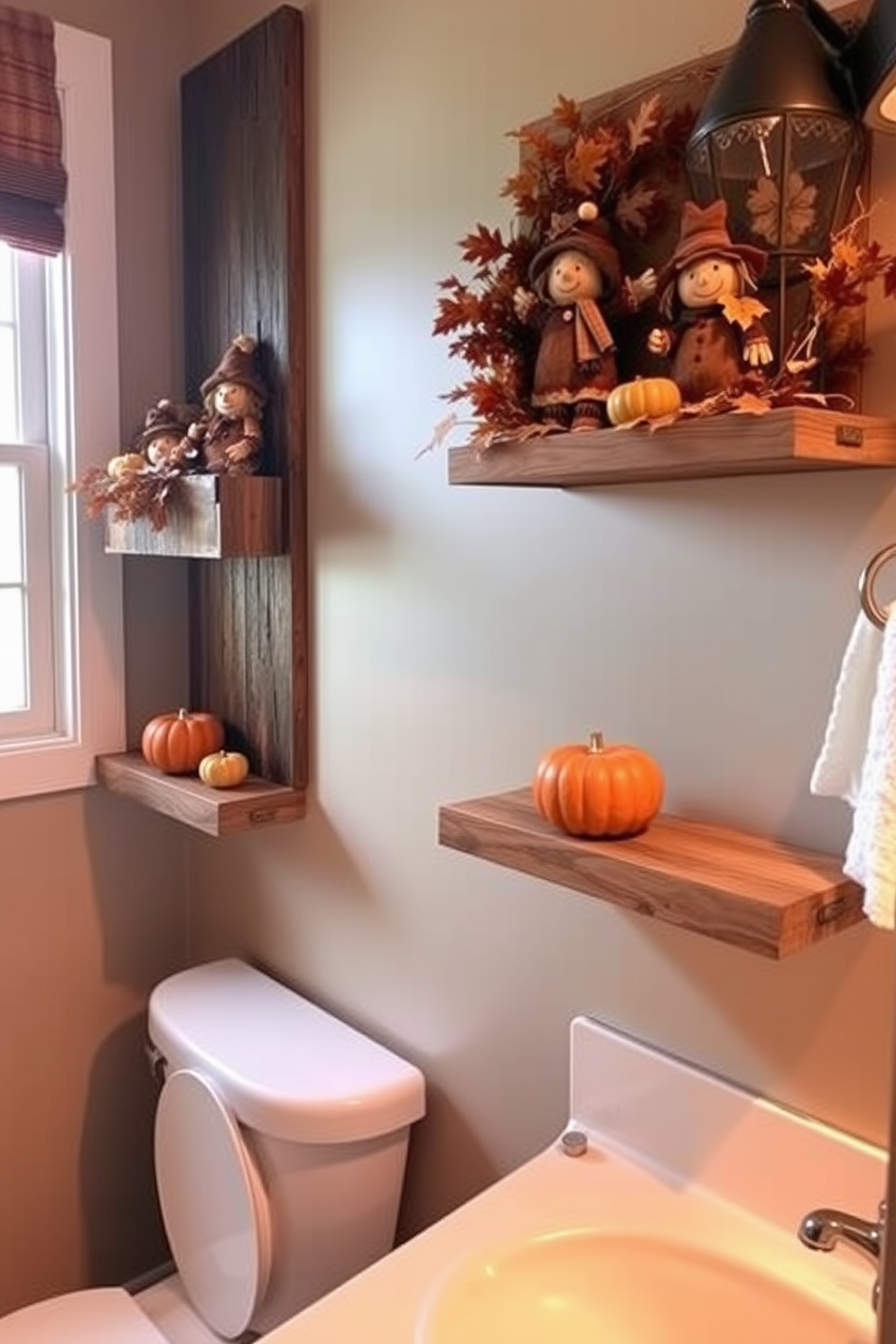 Charming scarecrow figurines are displayed on rustic wooden shelves adorned with autumn leaves and small pumpkins. The bathroom features warm, earthy tones with soft lighting that enhances the festive atmosphere, creating a cozy and inviting space for Thanksgiving.