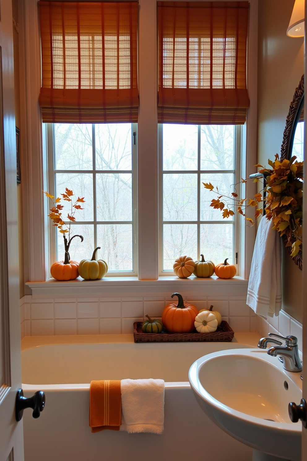 A cozy bathroom adorned with gourd accents on the window sills. The warm hues of the gourds complement the autumn-inspired decor, creating a festive atmosphere for Thanksgiving.