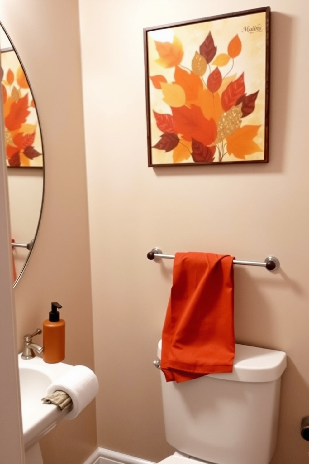 Autumn-inspired artwork hangs above the toilet featuring warm hues of orange, red, and gold. The artwork complements the bathroom's neutral color palette, creating a cozy and inviting atmosphere for Thanksgiving.