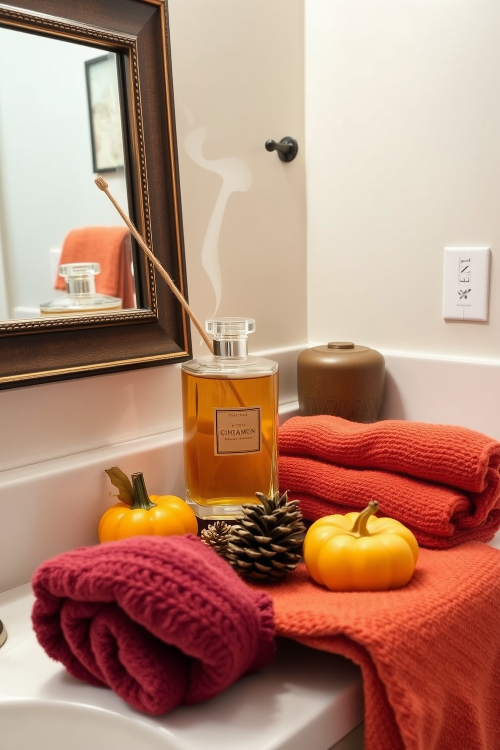 Create an inviting Thanksgiving bathroom setting infused with autumn fragrances. Incorporate elegant glass containers filled with scented oils that evoke warm notes of cinnamon and pumpkin spice. Adorn the space with rich, earthy tones and seasonal decorations like small pumpkins and pinecones. Use soft, textured towels in deep orange and burgundy hues to enhance the cozy atmosphere.