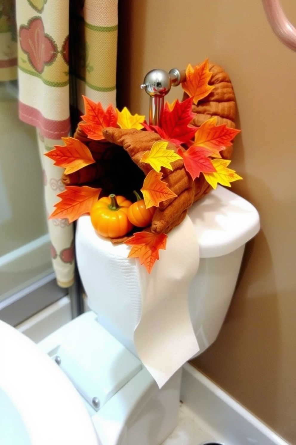 A Thanksgiving-themed toilet paper holder is designed to resemble a rustic cornucopia filled with autumn leaves and small pumpkins. This charming holder adds a festive touch to the bathroom, perfectly complementing seasonal decorations. For Thanksgiving bathroom decorating ideas, consider using warm color palettes with accents of orange, red, and gold. Incorporate decorative towels featuring fall motifs and scented candles that evoke the essence of the holiday.