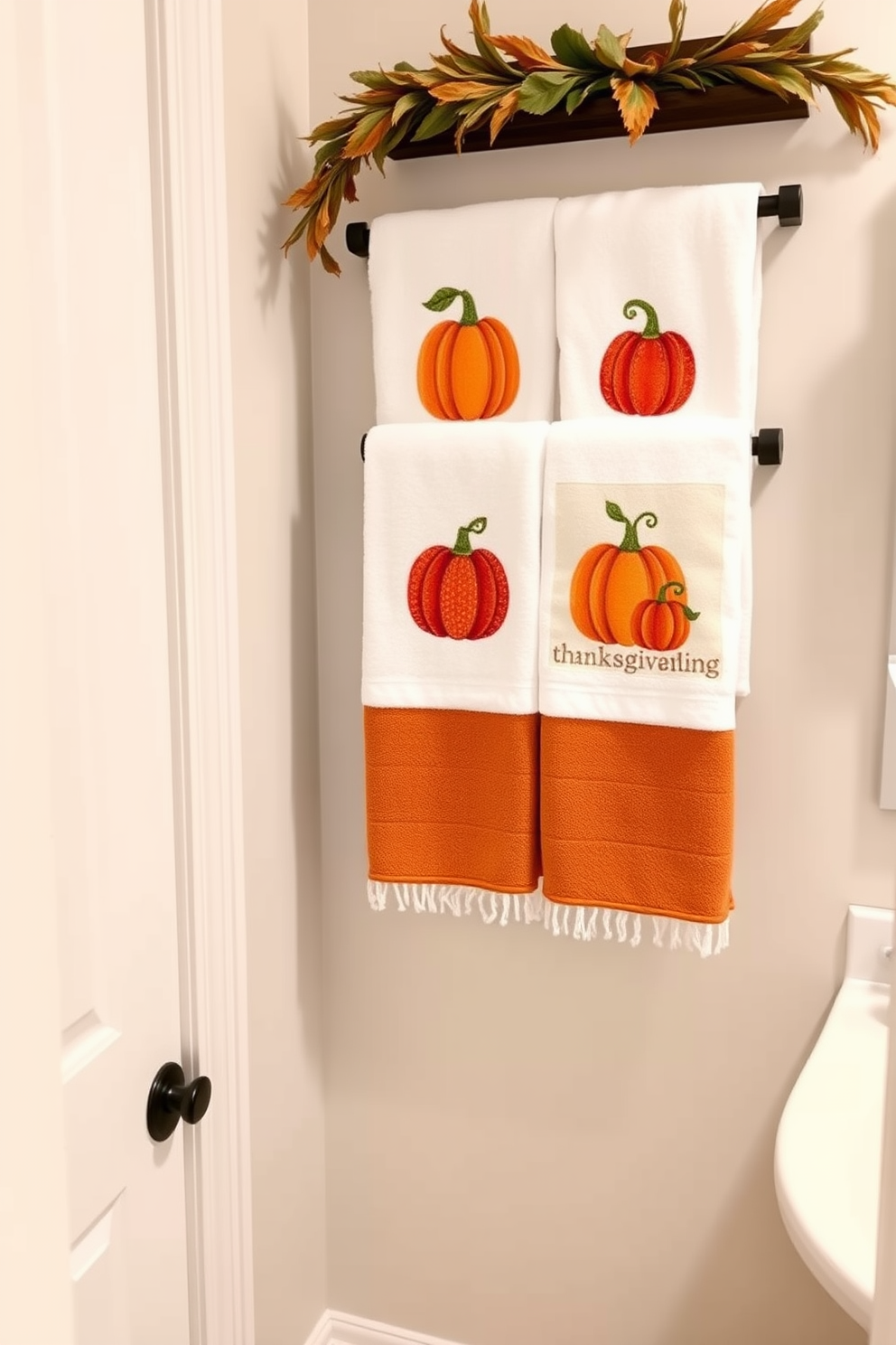 A cozy bathroom adorned with pumpkin-themed towels that add a festive flair for Thanksgiving. The towels are elegantly arranged on a wooden towel rack, complementing the warm autumn colors of the decor.