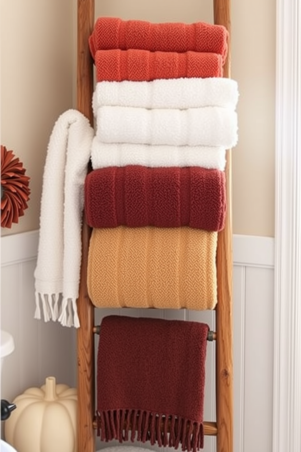 A cozy bathroom setting featuring layered towels in a warm color palette. The towels are artfully arranged on a wooden ladder, creating a welcoming and festive atmosphere for Thanksgiving.