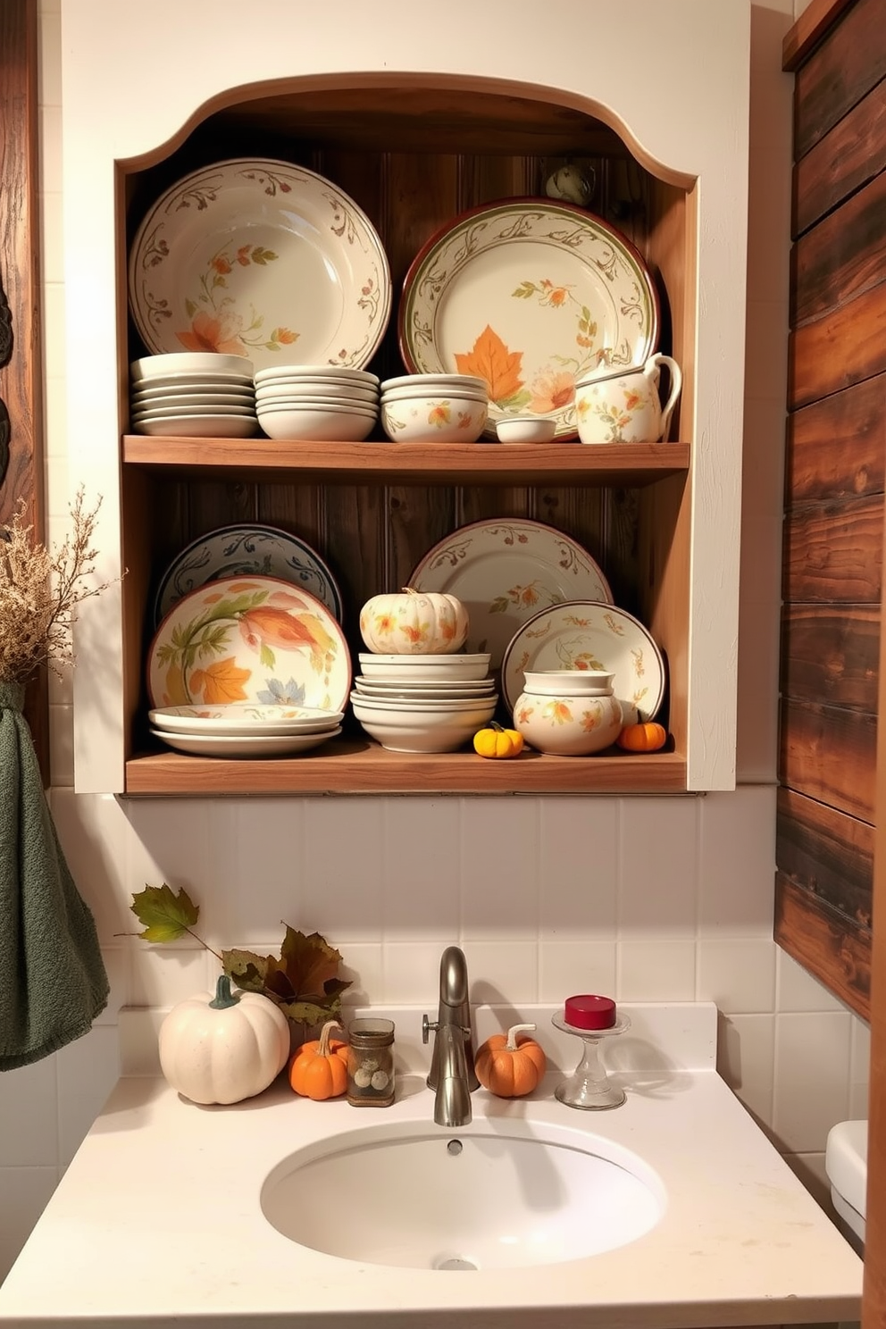 Hand-painted ceramic dishes are arranged artfully on open shelving, showcasing a variety of autumn colors and intricate designs. The warm tones of the dishes complement the rustic wooden accents of the bathroom, creating a cozy and inviting atmosphere. Incorporate seasonal elements like small pumpkins and dried leaves around the dishes to enhance the Thanksgiving theme. Soft lighting illuminates the ceramic art, casting gentle shadows that add depth to the decor.