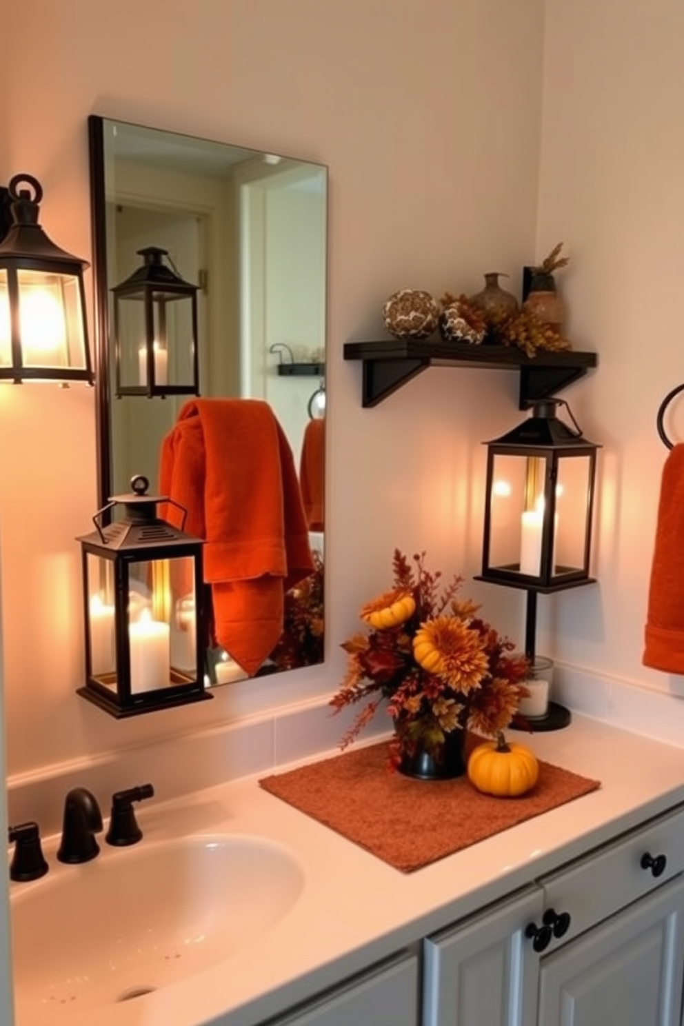 A cozy Thanksgiving bathroom setting is enhanced by vintage-style lanterns that cast a warm, inviting glow. The lanterns are placed strategically on the countertop and shelves, creating a soft ambiance that complements the autumn-themed decorations. Rich, earthy tones dominate the decor, with accents of deep orange and rustic browns. A decorative arrangement of seasonal foliage and small pumpkins adorns the vanity, adding a festive touch to the space.