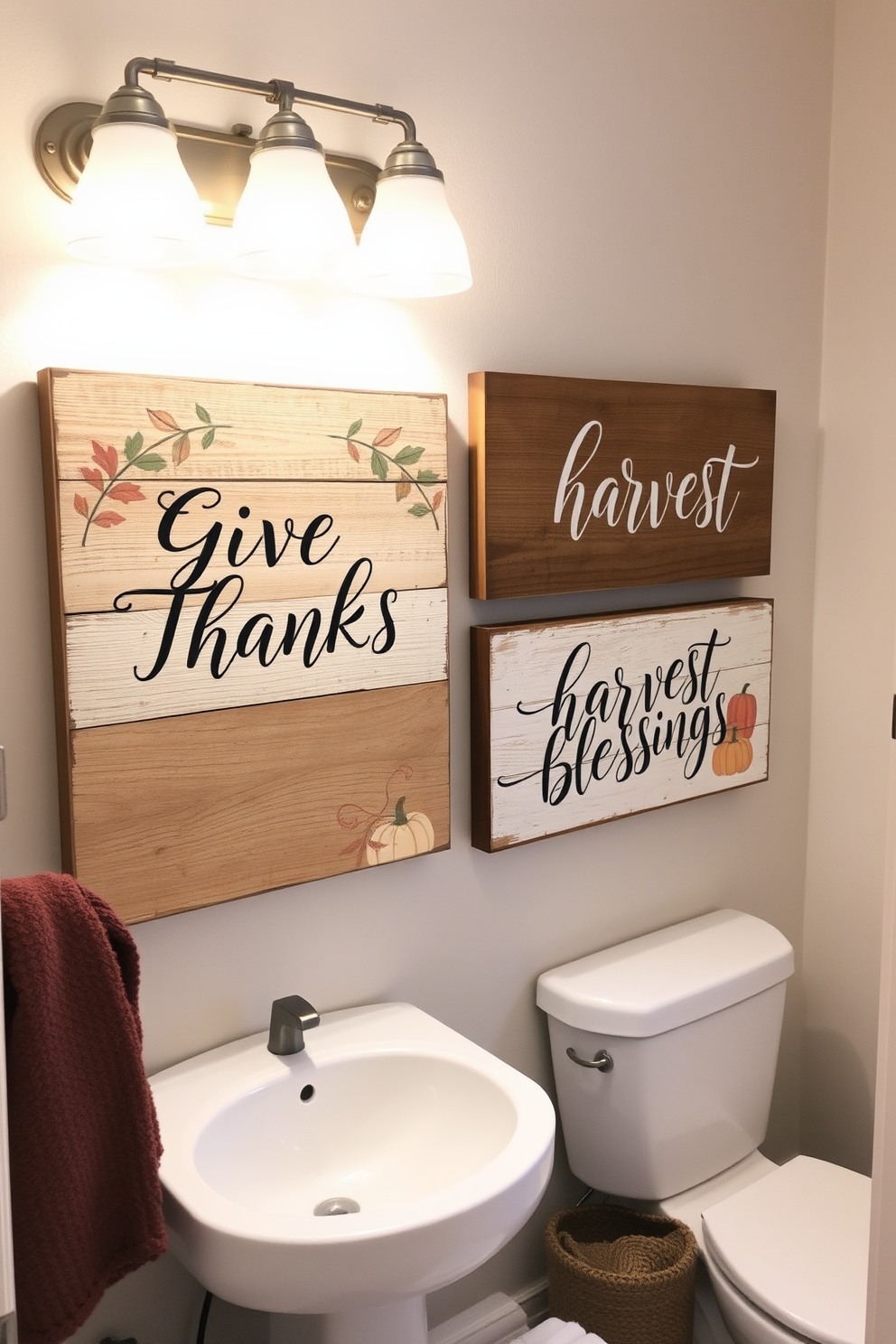 Rustic wooden signs adorned with warm autumn messages create a cozy atmosphere in the bathroom. The signs feature designs like 