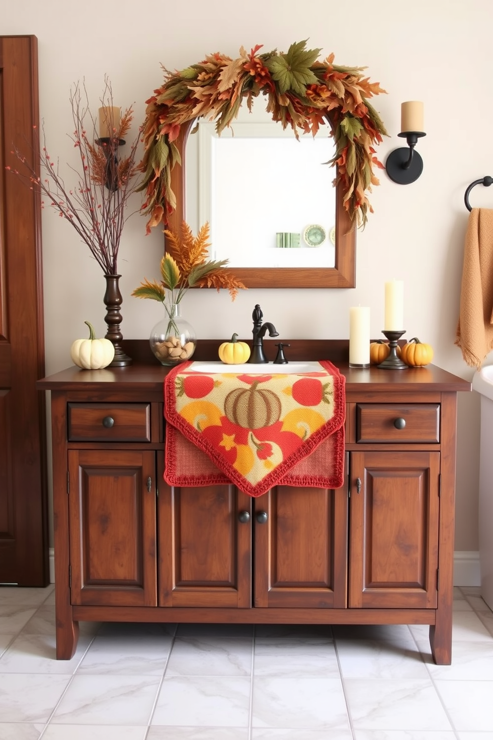 A seasonal table runner in warm autumn colors drapes elegantly over the wooden vanity in the bathroom. Complementing the runner are decorative pumpkins and candles that create a cozy Thanksgiving ambiance.