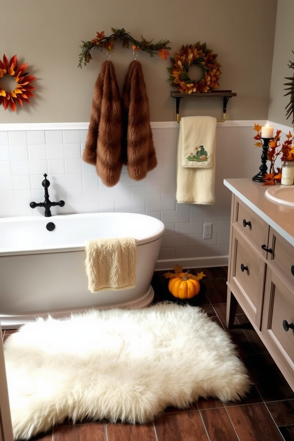 A cozy bathroom setting featuring faux fur accents that create a warm and inviting atmosphere. The space includes a plush faux fur rug in front of the bathtub and decorative faux fur towels hanging on the rack. Thanksgiving-themed decorations are tastefully arranged throughout the bathroom. A small pumpkin sits on the vanity alongside autumn leaves and a scented candle, enhancing the seasonal charm.