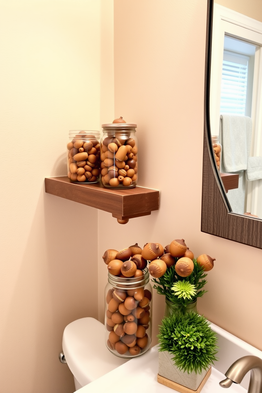 Decorative glass jars filled with acorns are arranged on a wooden shelf in the bathroom. The warm autumn colors of the acorns complement the soft beige tones of the bathroom decor. A cluster of these jars is placed next to a small potted plant on the countertop. The overall design creates a cozy and inviting atmosphere perfect for Thanksgiving.