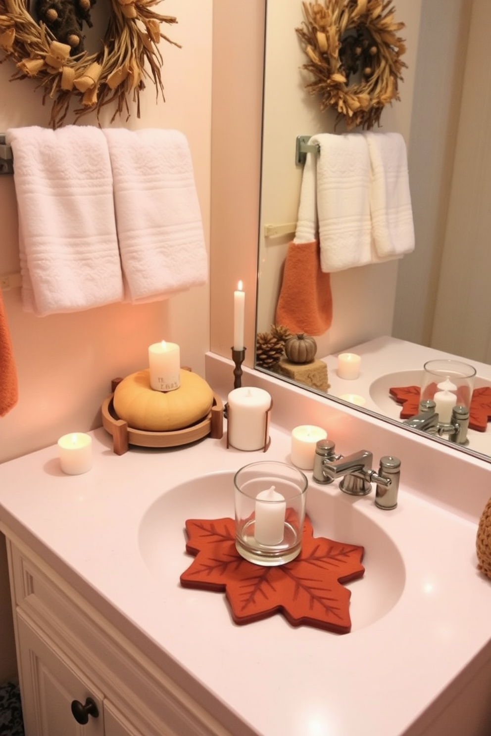 Create a cozy Thanksgiving-themed bathroom setting. Incorporate leaf-shaped coasters on the countertop, adding a touch of autumn charm. Decorate the space with warm, earthy tones and seasonal accents. Use plush towels and candles to enhance the inviting atmosphere.