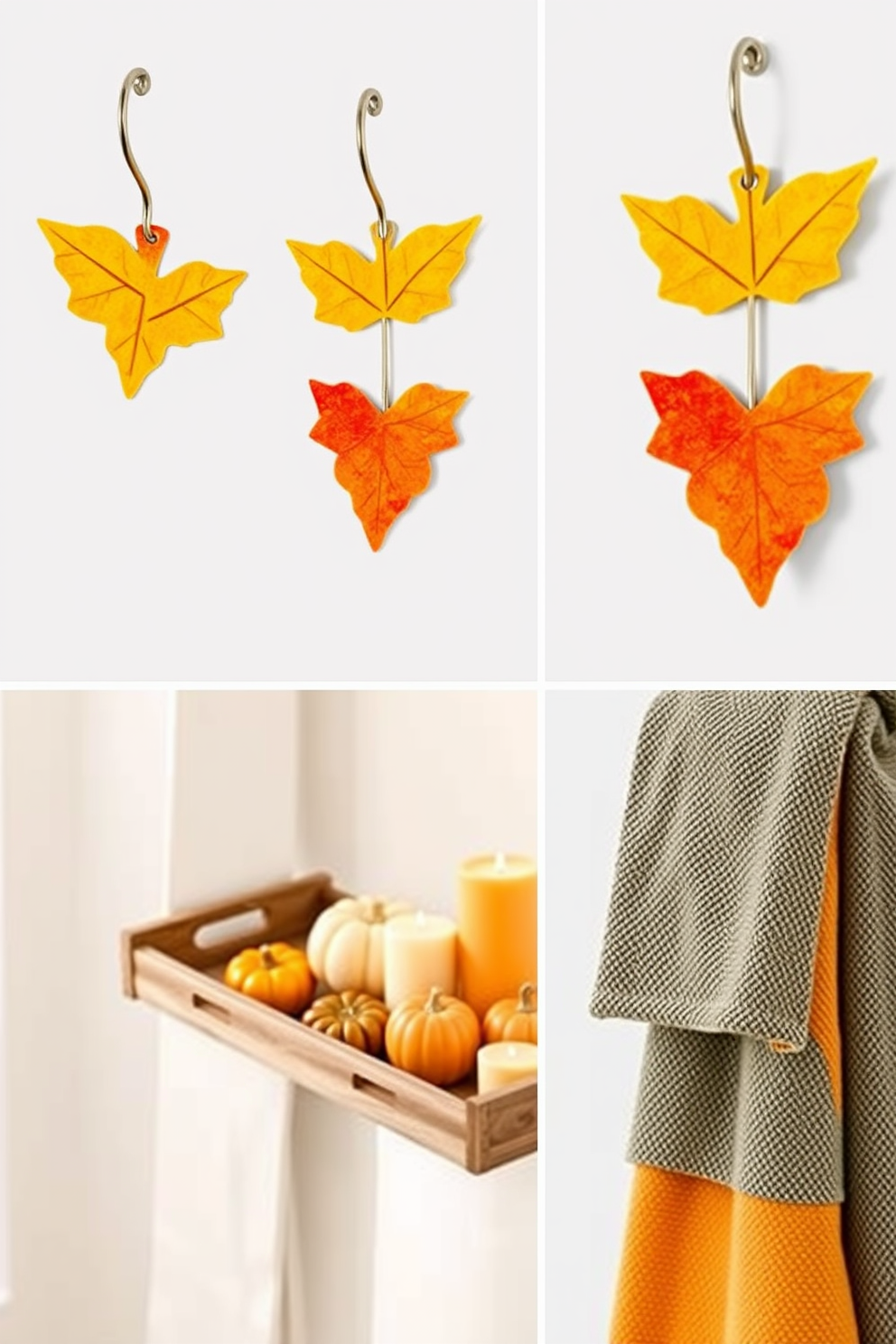 Thanksgiving-themed shower curtain hooks designed to resemble autumn leaves in vibrant shades of orange and yellow. These hooks add a festive touch to your bathroom while complementing a warm color palette. Incorporate Thanksgiving bathroom decorating ideas such as a rustic wooden tray filled with mini pumpkins and seasonal candles. Use rich, earthy tones in towels and accessories to create a cozy and inviting atmosphere.