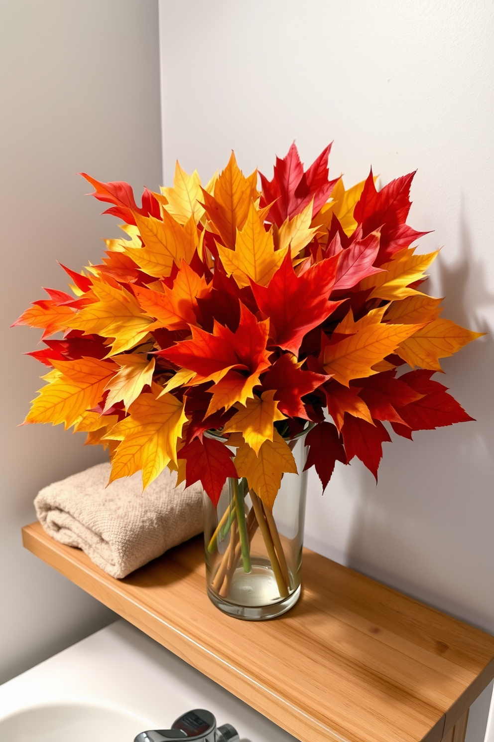 A vibrant arrangement of colorful autumn leaves fills a clear glass vase, bringing the essence of the season into the bathroom. The leaves are artfully arranged to showcase their rich reds, oranges, and yellows, creating a warm and inviting atmosphere. The glass vase is placed on a wooden shelf above the sink, complementing the rustic charm of the bathroom. Soft, neutral towels are neatly folded beside the vase, enhancing the cozy Thanksgiving decor.