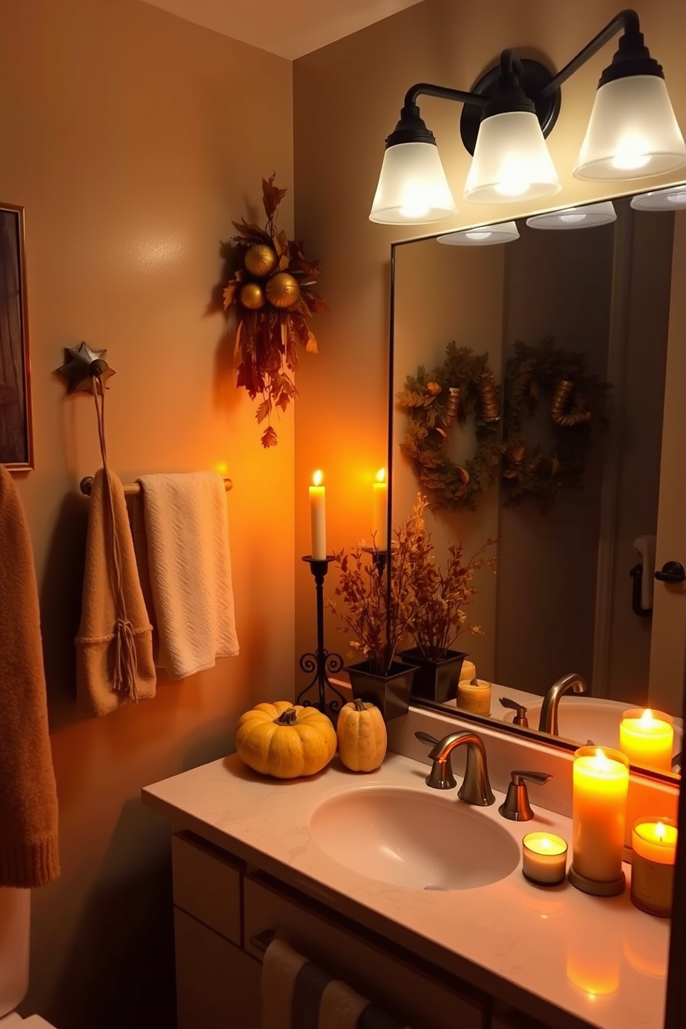 A cozy bathroom decorated for Thanksgiving with warm candlelight illuminating the space. The scent of cinnamon and pumpkin fills the air, creating a welcoming atmosphere with autumn-themed decor.