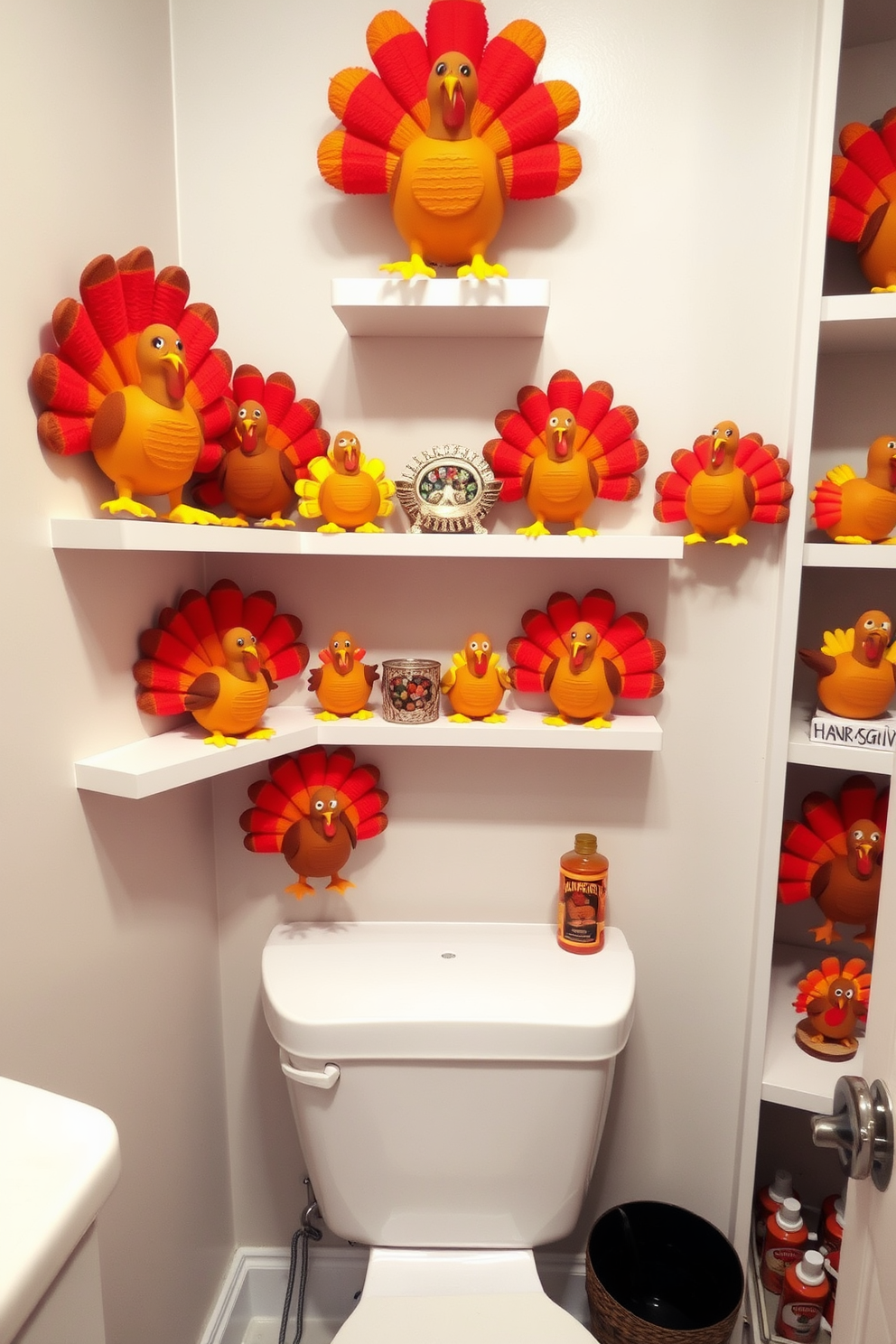 Whimsical turkey decorations are playfully arranged on various shelves throughout the bathroom. The vibrant colors and playful designs create a festive atmosphere, enhancing the Thanksgiving spirit.