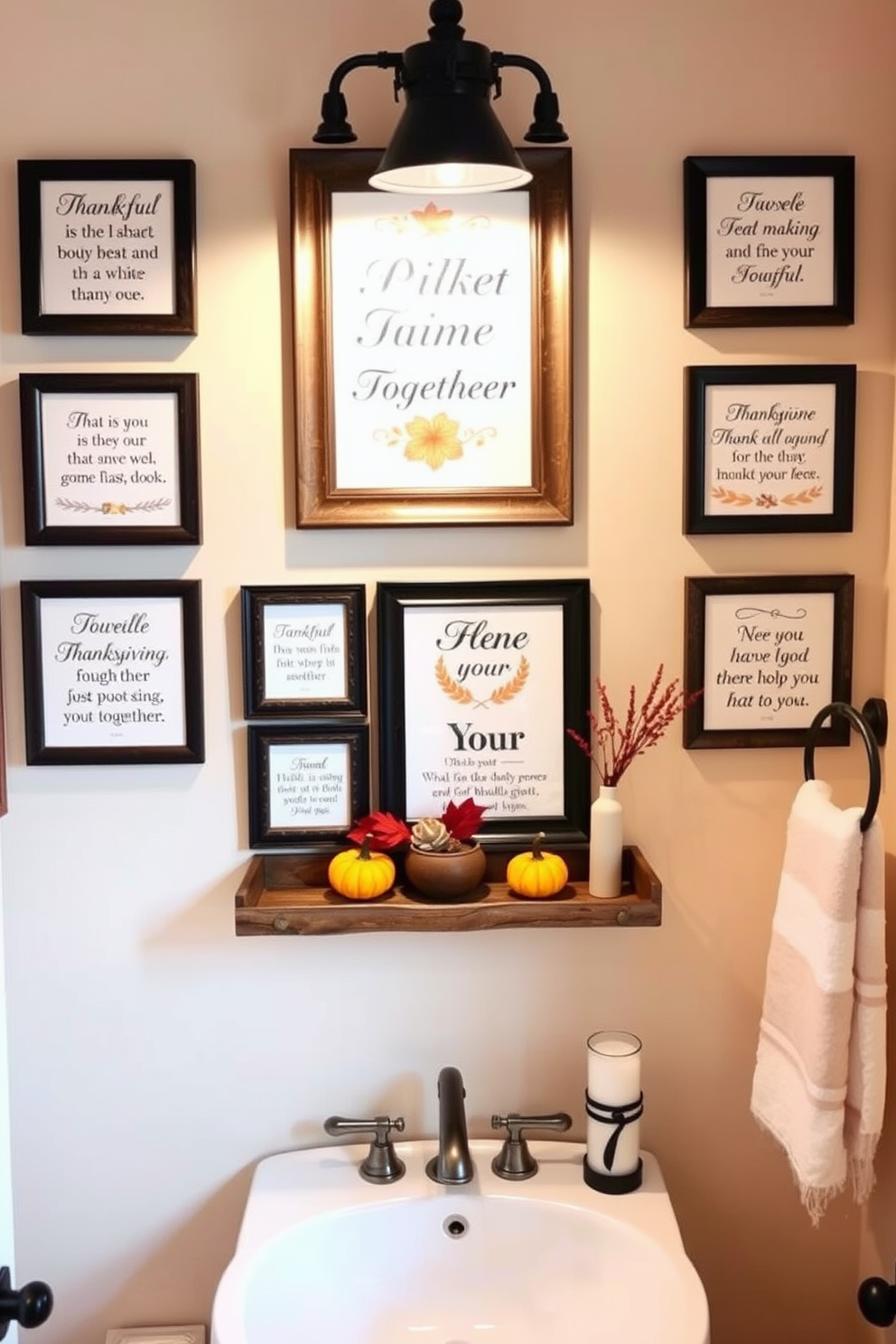 A warm and inviting bathroom adorned with Thanksgiving-themed wall art. The display features a collection of framed quotes about gratitude and togetherness, arranged in a harmonious layout above a rustic wooden shelf. The shelf is decorated with seasonal elements like small pumpkins and autumn leaves. Soft, warm lighting enhances the cozy atmosphere, creating a perfect space for reflection during the holiday season.