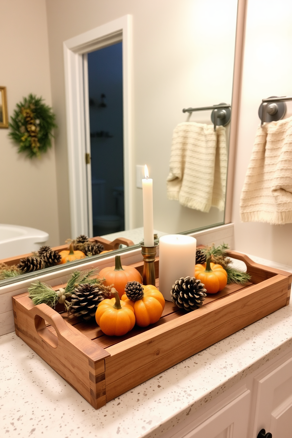 A rustic wooden tray is centered on a bathroom countertop, adorned with seasonal decor for Thanksgiving. The tray features small pumpkins, pinecones, and a candle, creating a warm and inviting atmosphere.