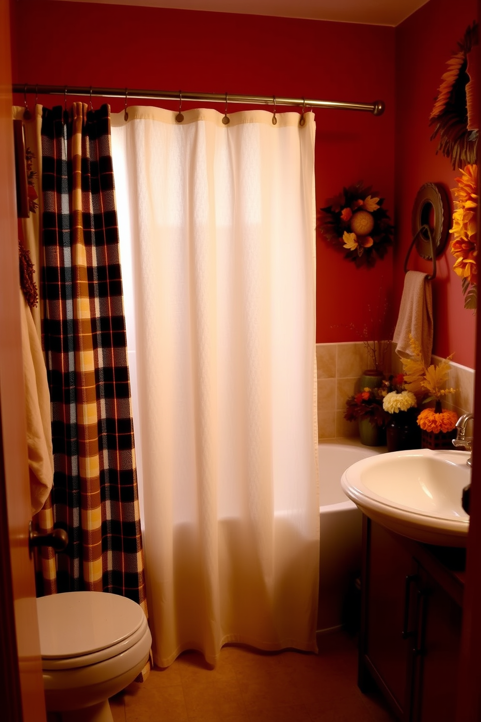 A cozy bathroom setting featuring a plaid shower curtain that adds warmth and texture to the space. The walls are adorned with autumn-themed decorations, creating a festive and inviting atmosphere for Thanksgiving.