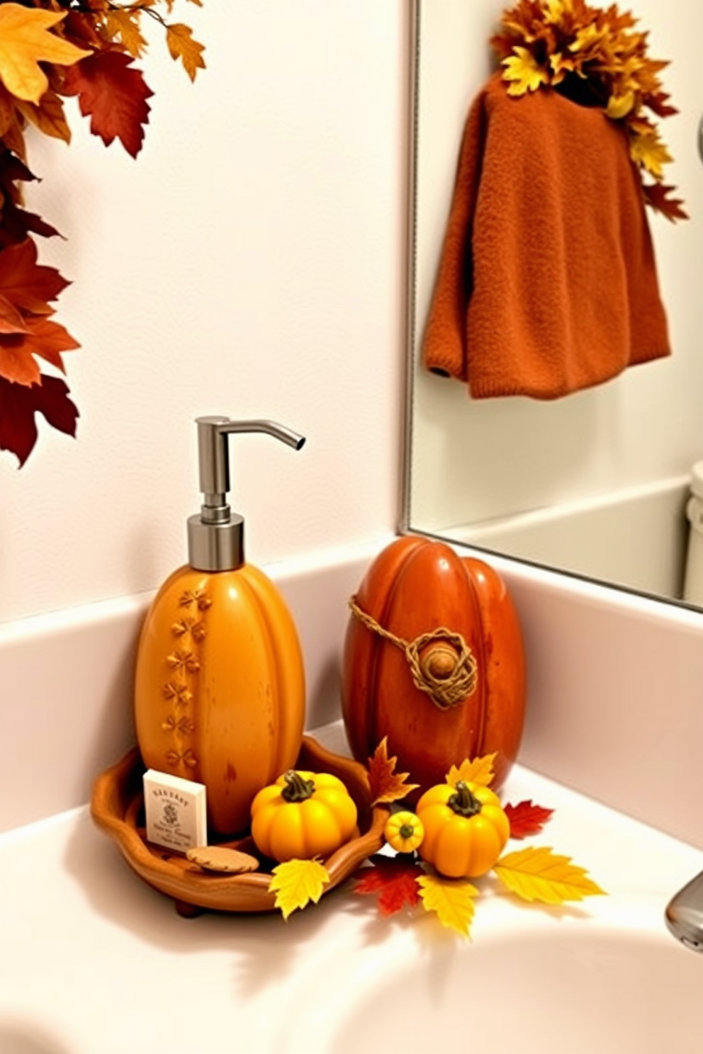 A charming bathroom setting adorned with harvest-themed decorations. The soap dispenser features a rustic pumpkin design, complemented by a matching dish that holds decorative soaps. Warm autumn colors dominate the decor, with touches of deep orange and golden yellow throughout the space. A small arrangement of faux leaves and small gourds adds a festive touch to the countertop.