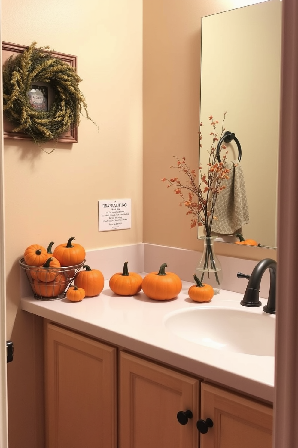 A cozy bathroom setting adorned with miniature pumpkins placed artfully on the countertop. The warm autumn colors of the pumpkins complement the soft beige walls and create a festive atmosphere for Thanksgiving.