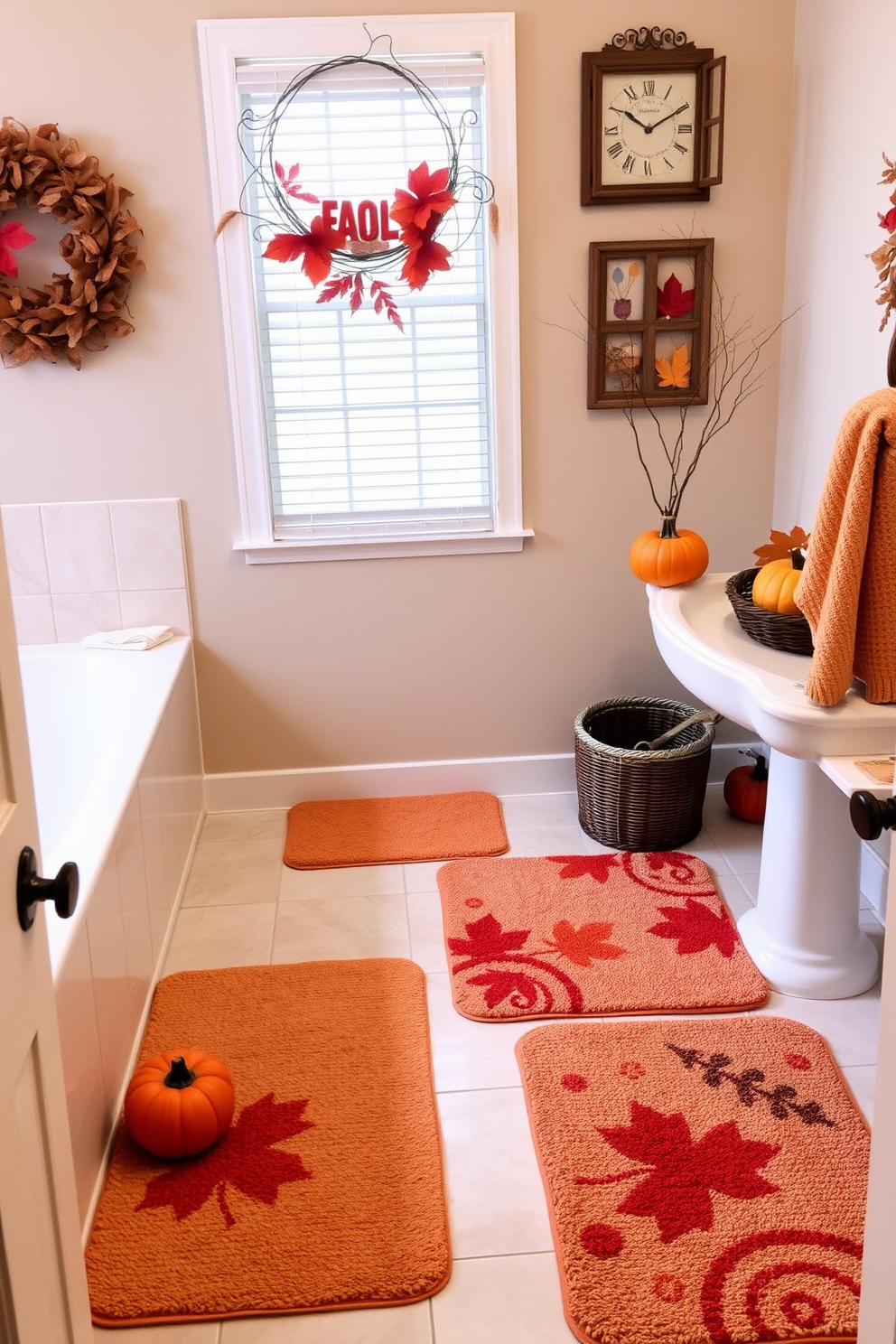 A cozy Thanksgiving bathroom setting featuring fall-colored bath mats that add warmth and comfort to the space. The walls are adorned with autumn-themed decorations, and a small pumpkin sits on the countertop to enhance the festive atmosphere.