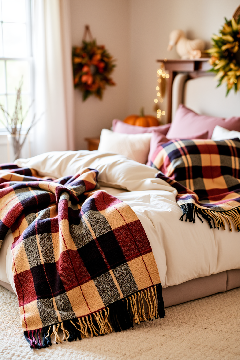 Cozy plaid throw blankets are draped over a plush bed adorned with soft, neutral bedding. The room features warm, ambient lighting and seasonal decorations that evoke a festive Thanksgiving atmosphere.