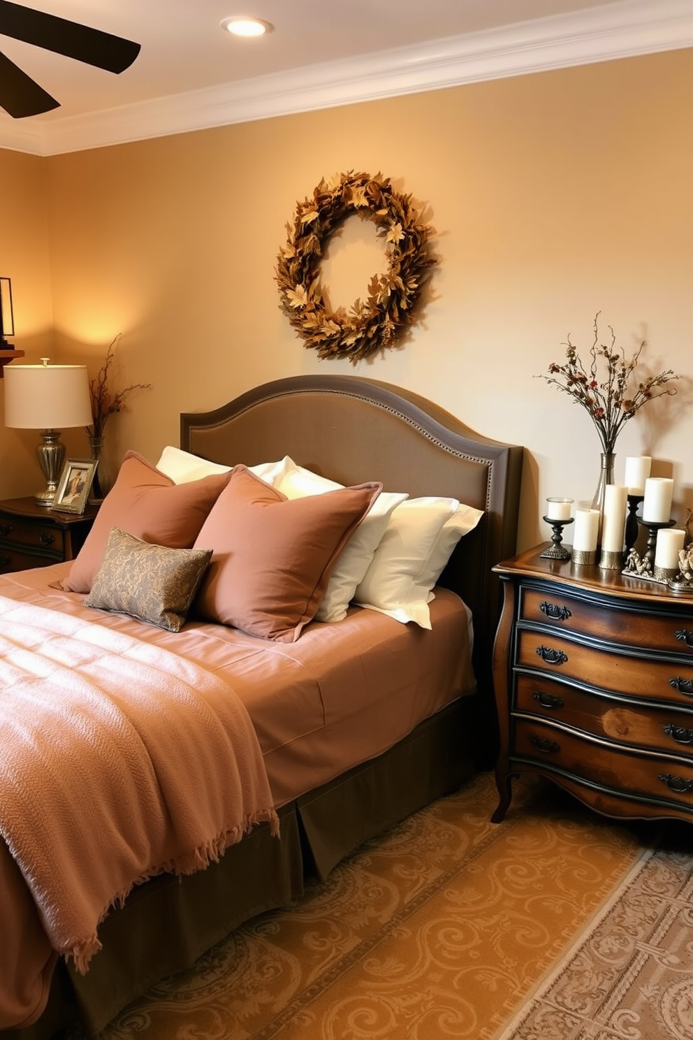 A cozy Thanksgiving bedroom featuring a warm color palette with gold and bronze decorative accents. The bed is adorned with plush pillows and a soft throw blanket, while a decorative wreath hangs above the headboard. A vintage dresser showcases a collection of candles and autumn-themed decor. Soft lighting creates an inviting atmosphere, enhancing the seasonal charm of the space.