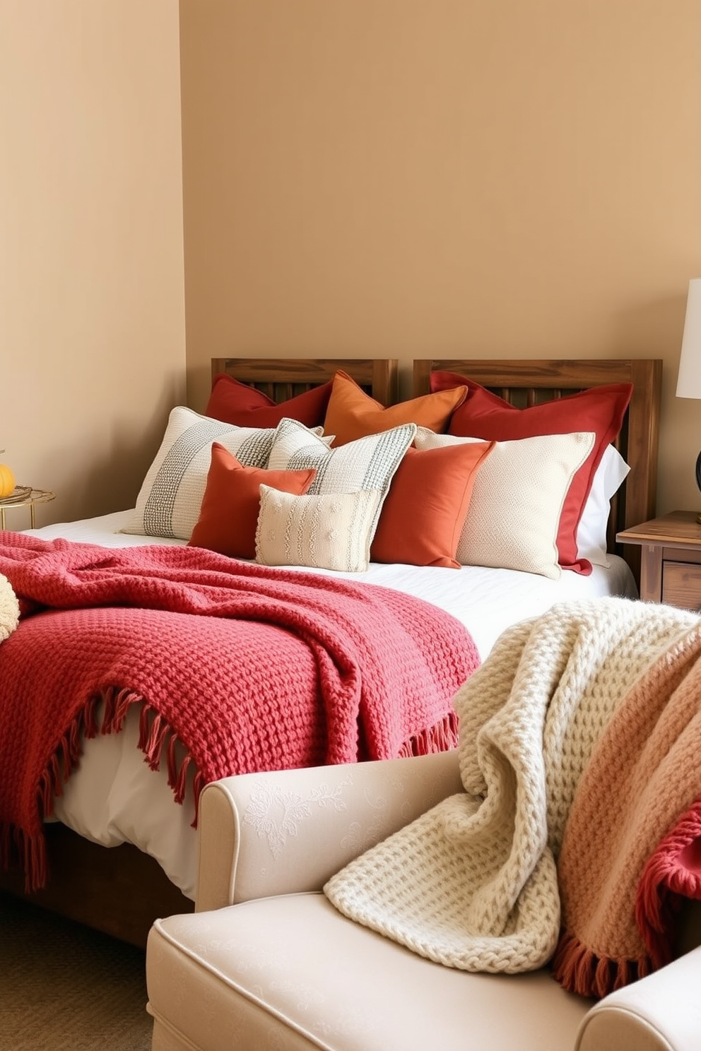 A cozy Thanksgiving bedroom setting featuring layered textures that create warmth and comfort. Soft throws in rich autumn colors drape over a plush bed adorned with a mix of patterned and solid pillows. The walls are painted in a warm beige hue, enhancing the inviting atmosphere. A rustic wooden nightstand holds a small pumpkin centerpiece, while a soft, knitted blanket is casually tossed over the armchair in the corner.