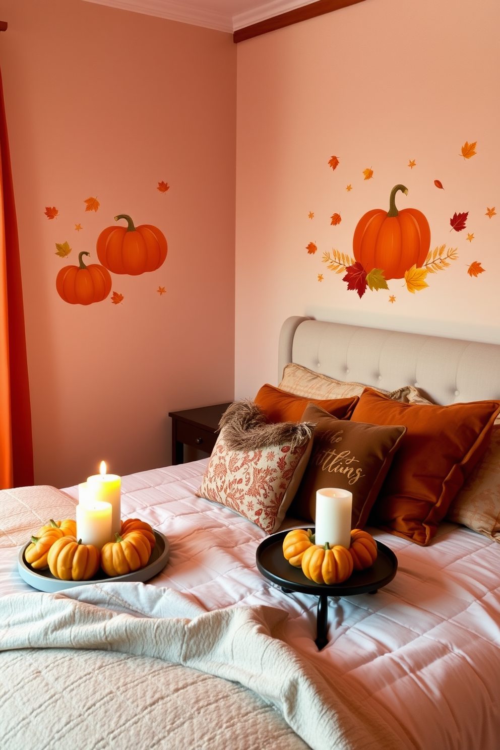 A cozy bedroom adorned with Thanksgiving-themed wall decals featuring pumpkins and autumn leaves. Soft, warm lighting illuminates the space, enhancing the rich hues of orange and gold in the decor. A plush bed is dressed with seasonal bedding in earthy tones, complemented by decorative pillows showcasing festive patterns. A small side table displays a centerpiece of gourds and candles, creating an inviting atmosphere for the holiday season.