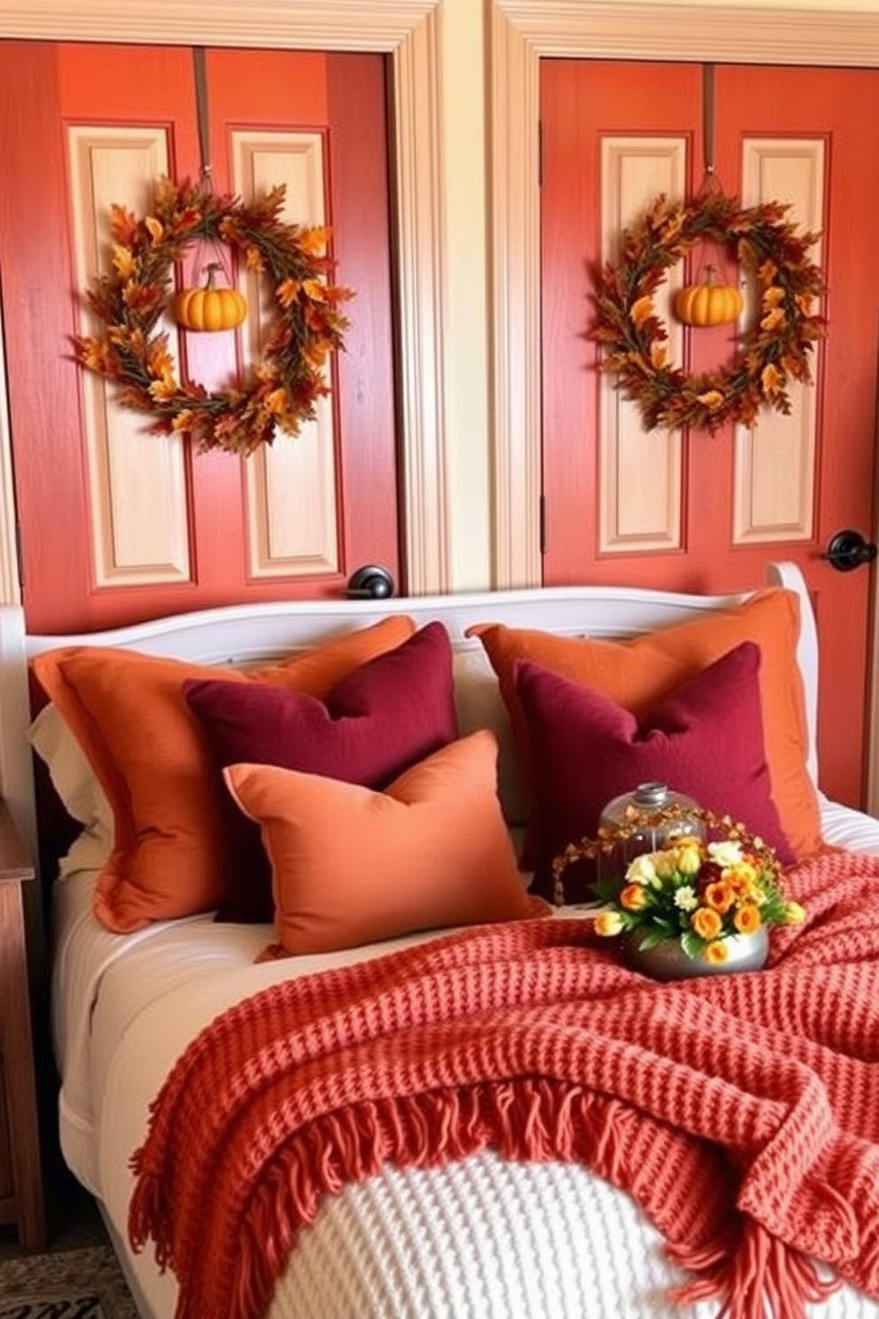 A cozy bedroom decorated for Thanksgiving features a warm color palette with rich oranges, deep reds, and soft browns. Seasonal wreaths made of autumn leaves and small pumpkins hang on the doors, welcoming guests with a festive touch. The bed is adorned with plush throw pillows in seasonal hues and a soft, knitted blanket draped over the foot. A small arrangement of fall flowers sits on the nightstand, adding a touch of nature to the inviting space.