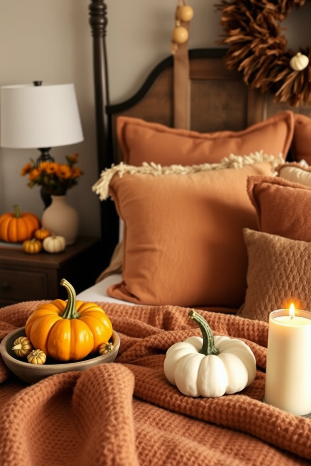 A cozy bedroom adorned with gourds and mini pumpkins as seasonal decor. The bed is dressed in warm, earthy tones with plush pillows, while a cluster of pumpkins sits on the nightstand beside a flickering candle.