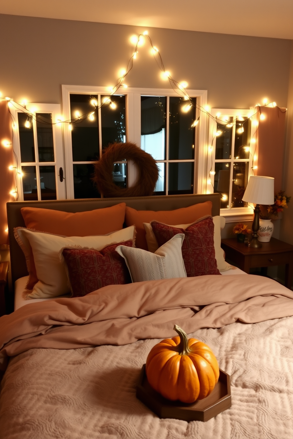 A cozy bedroom adorned with soft fairy lights creating a warm and inviting atmosphere. The lights are draped elegantly across the headboard and along the window frames, casting a gentle glow that enhances the autumn-themed decor. Plush bedding in earthy tones complements the seasonal accents, while decorative pillows add layers of texture. A small wooden table beside the bed holds a pumpkin centerpiece, bringing a touch of Thanksgiving charm to the space.