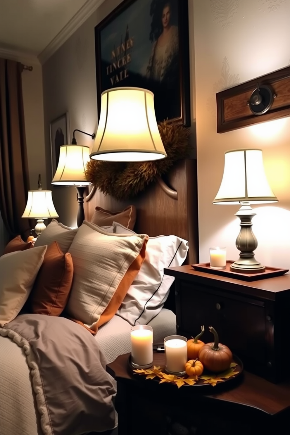 A cozy bedroom setting adorned with vintage-inspired table lamps that emit a warm, inviting glow. The lamps are placed on each side of a beautifully made bed, featuring soft, textured linens in autumnal hues. A rustic wooden nightstand complements the lamps, decorated with seasonal accents like small pumpkins and candles. The room is accented with rich, earthy tones, creating a perfect atmosphere for Thanksgiving celebrations.