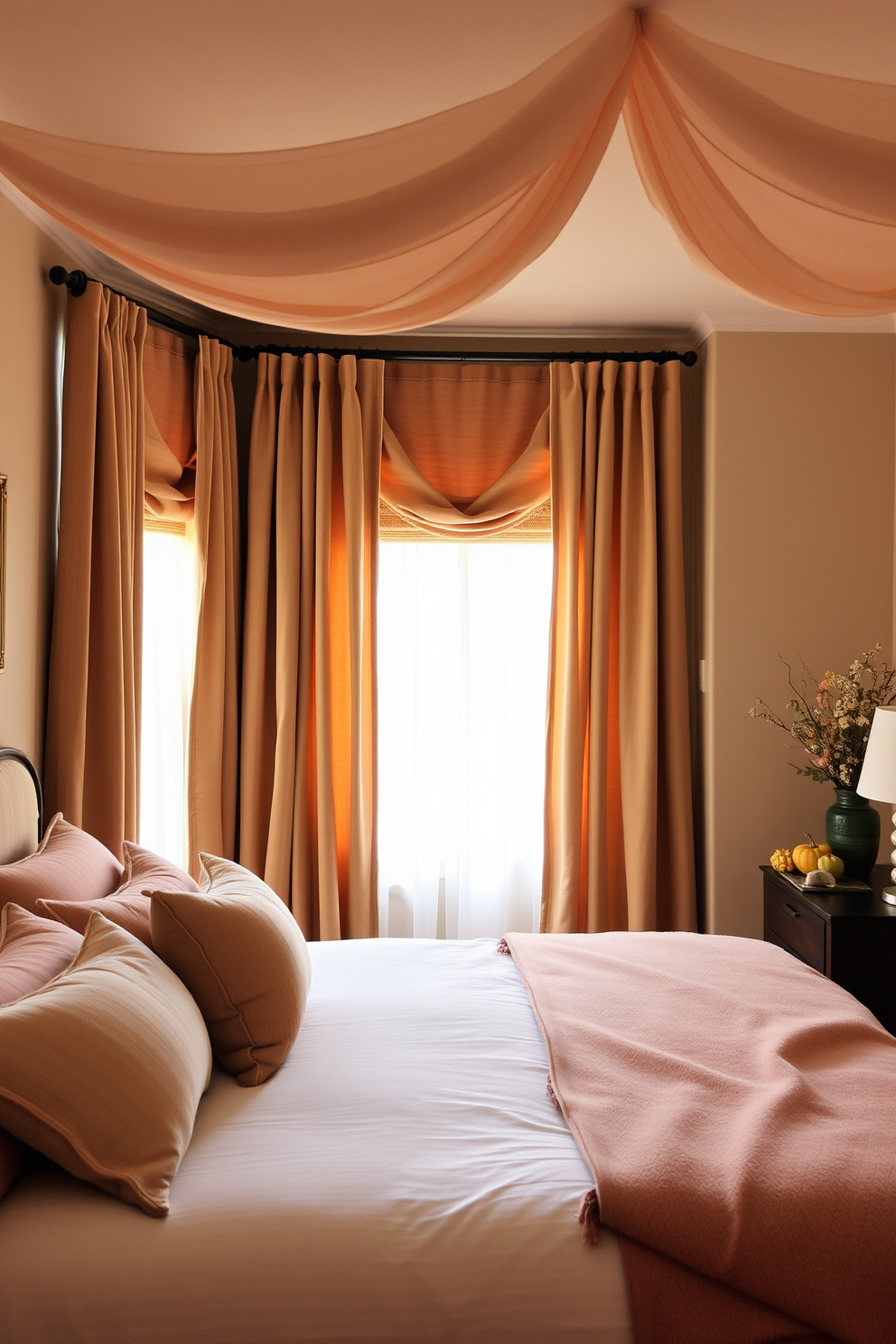 A cozy bedroom adorned with earthy tones in curtains and drapes. The soft fabric gently filters natural light, creating a warm and inviting atmosphere perfect for Thanksgiving.