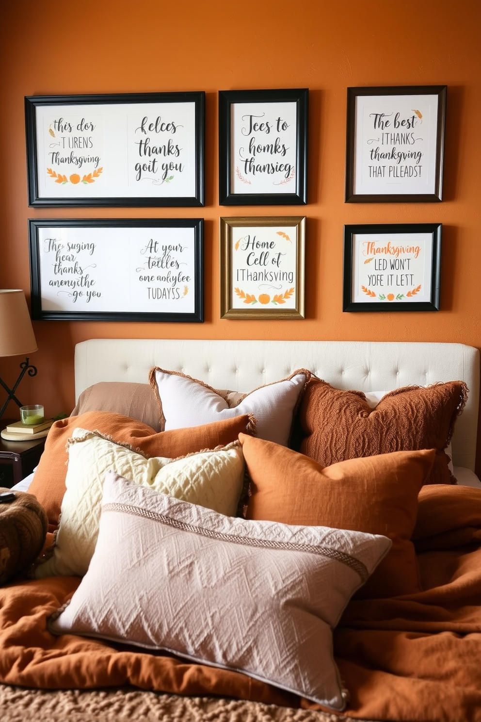 A cozy bedroom adorned with framed seasonal quotes that celebrate Thanksgiving. The walls are painted in warm autumn hues, and plush bedding in earthy tones complements the inviting atmosphere.