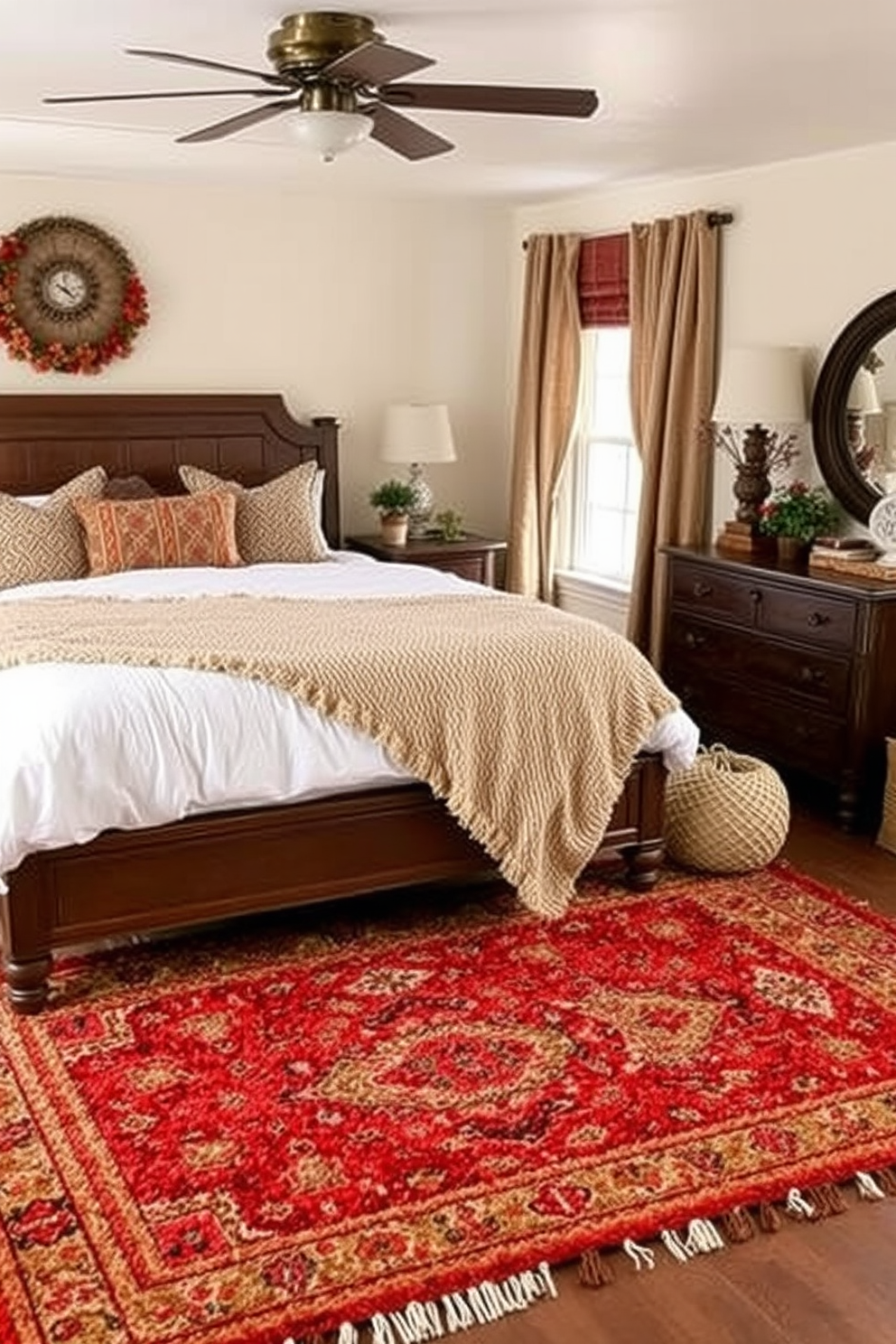 A cozy bedroom adorned with textured rugs that add warmth and comfort to the space. The rugs feature rich colors and intricate patterns that complement the overall decor, creating a welcoming atmosphere for Thanksgiving.