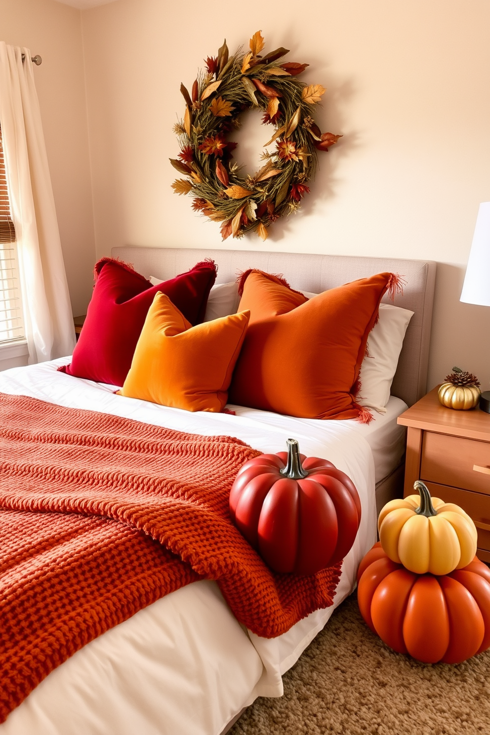 A cozy bedroom adorned with a warm autumnal color palette featuring pillows in shades of burnt orange, deep red, and golden yellow. The bed is dressed in a soft, textured blanket, and decorative pumpkins are placed on the nightstand to enhance the Thanksgiving theme.