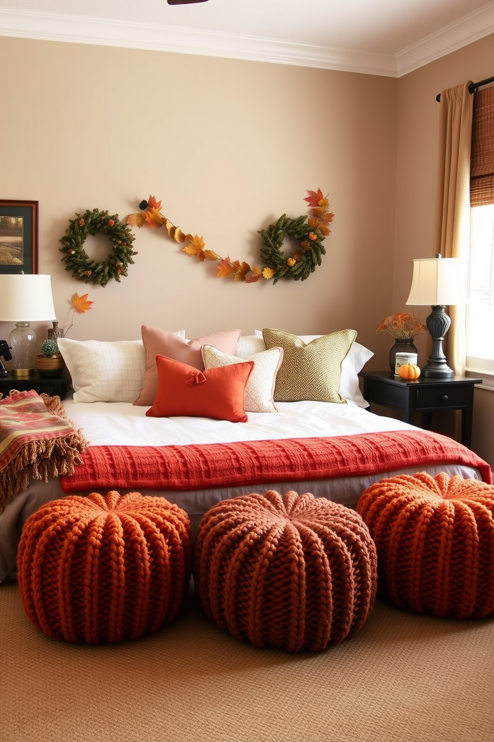 A cozy Thanksgiving-themed bedroom featuring knitted poufs as extra seating options. The room is adorned with warm autumn colors, including deep oranges and rich browns, creating an inviting atmosphere.