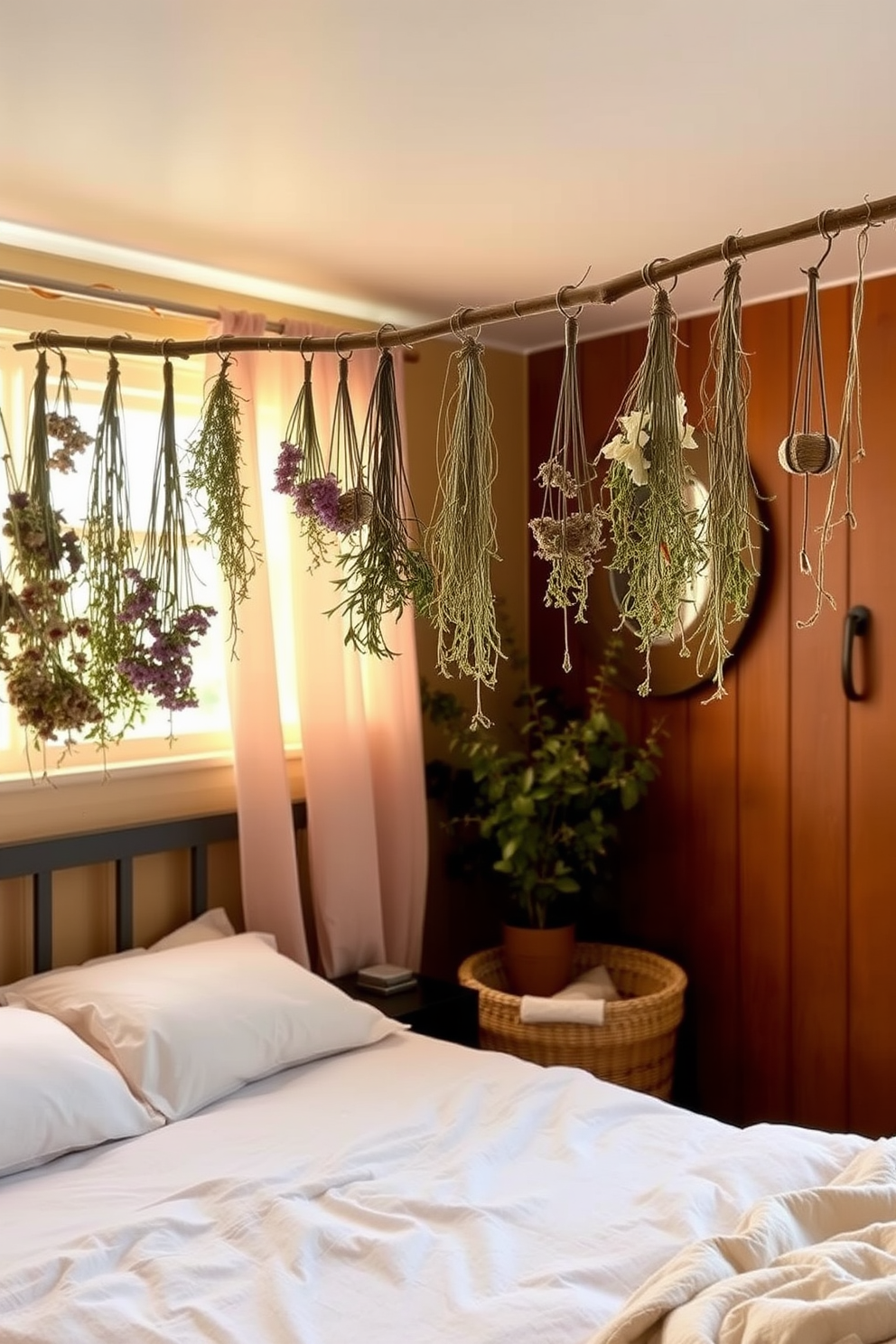 A cozy bedroom adorned with hanging dried flowers and herbs creates a warm and inviting atmosphere. Soft, neutral bedding complements the rustic charm of the decor, while natural light filters through sheer curtains, enhancing the serene ambiance.