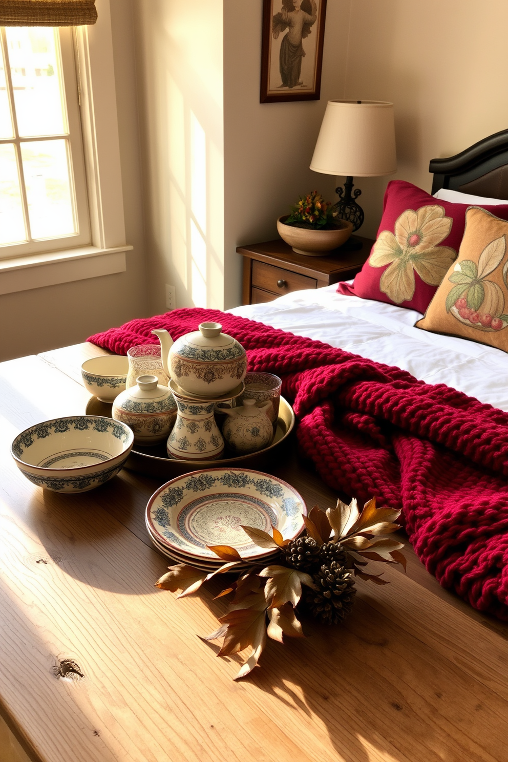 Charming ceramic dishes are arranged artfully on a rustic wooden table, showcasing intricate patterns and warm colors that evoke a cozy autumn feel. Soft golden light filters through the window, casting gentle shadows and highlighting the delicate textures of the dishes. For Thanksgiving, the bedroom is adorned with seasonal touches, including a plush throw blanket in rich burgundy and decorative pillows featuring fall motifs. A small arrangement of dried leaves and pinecones sits on the nightstand, creating an inviting atmosphere perfect for the holiday season.