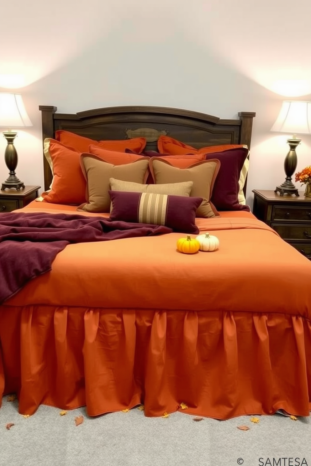 Create a cozy Thanksgiving bedroom setting featuring autumn-themed bed skirts that complement the warm color palette. The bed is dressed with rich orange and deep burgundy linens, accented by plush throw pillows in earthy tones. Incorporate a rustic wooden headboard that adds warmth to the space, paired with soft, ambient lighting from bedside lamps. Decorate the room with seasonal accents like small pumpkins and autumn leaves scattered on the dresser for a festive touch.