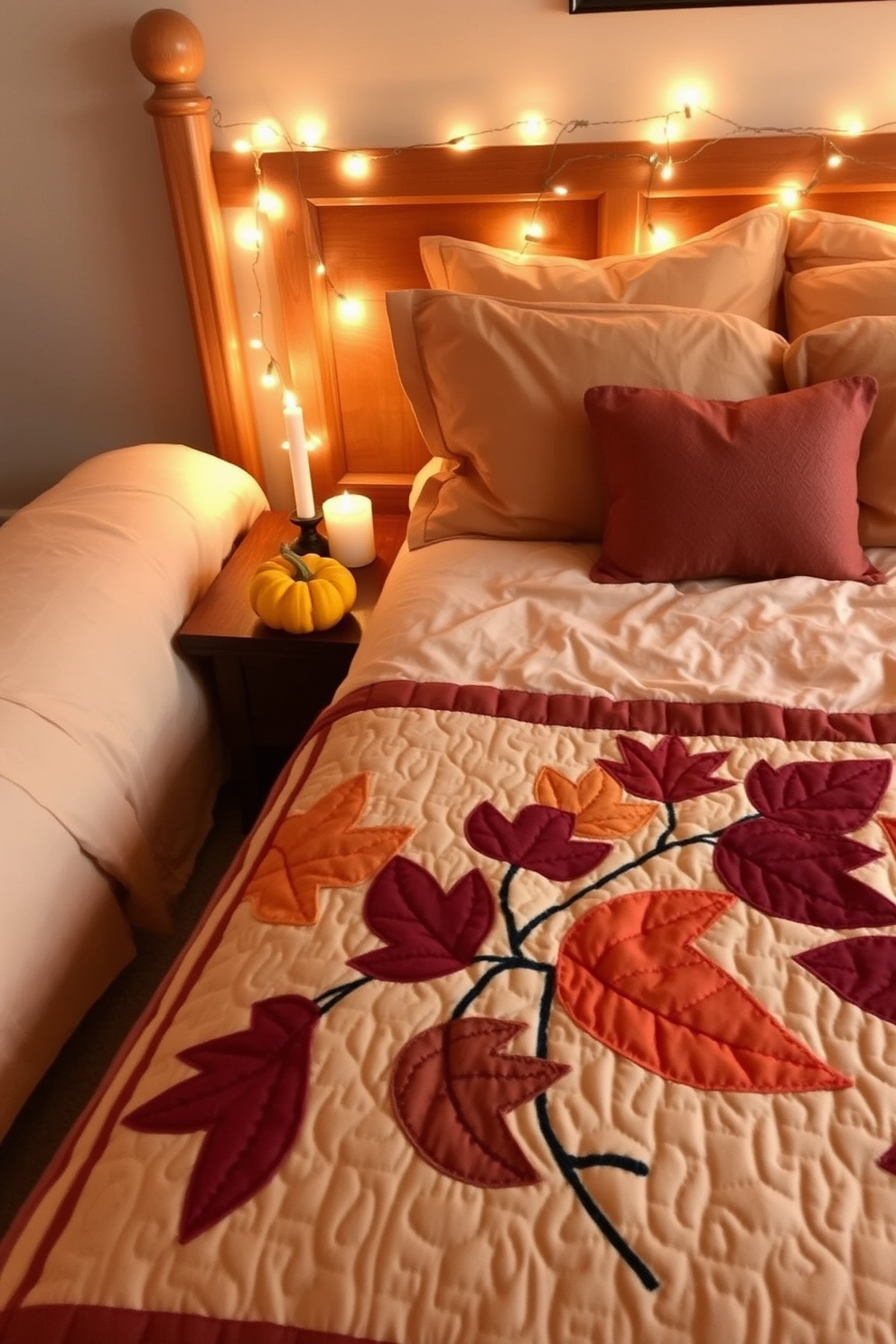 A cozy Thanksgiving bedroom setting. The bed is adorned with warm, earth-toned linens, and a handmade quilt featuring autumn leaves drapes over the foot of the bed. On the nightstand, a small pumpkin and a scented candle create a festive atmosphere. Soft fairy lights are strung along the headboard, adding a warm glow to the space.