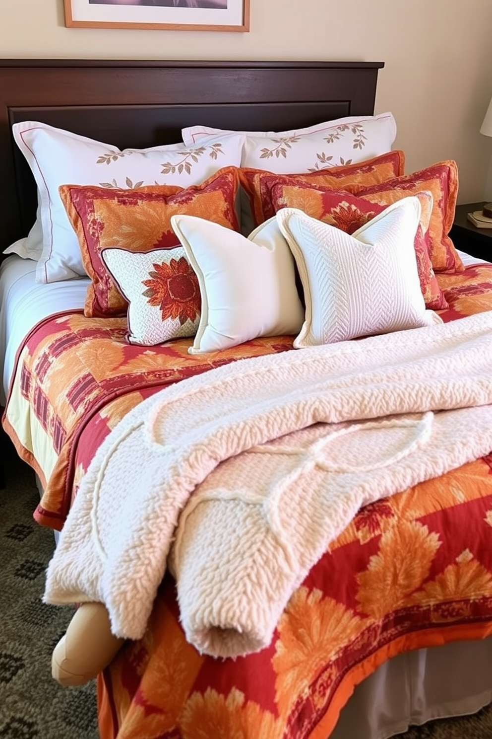 A cozy Thanksgiving bedroom setting featuring layered quilts in warm autumn colors. The bed is adorned with plush pillows and a soft throw blanket, creating an inviting atmosphere.