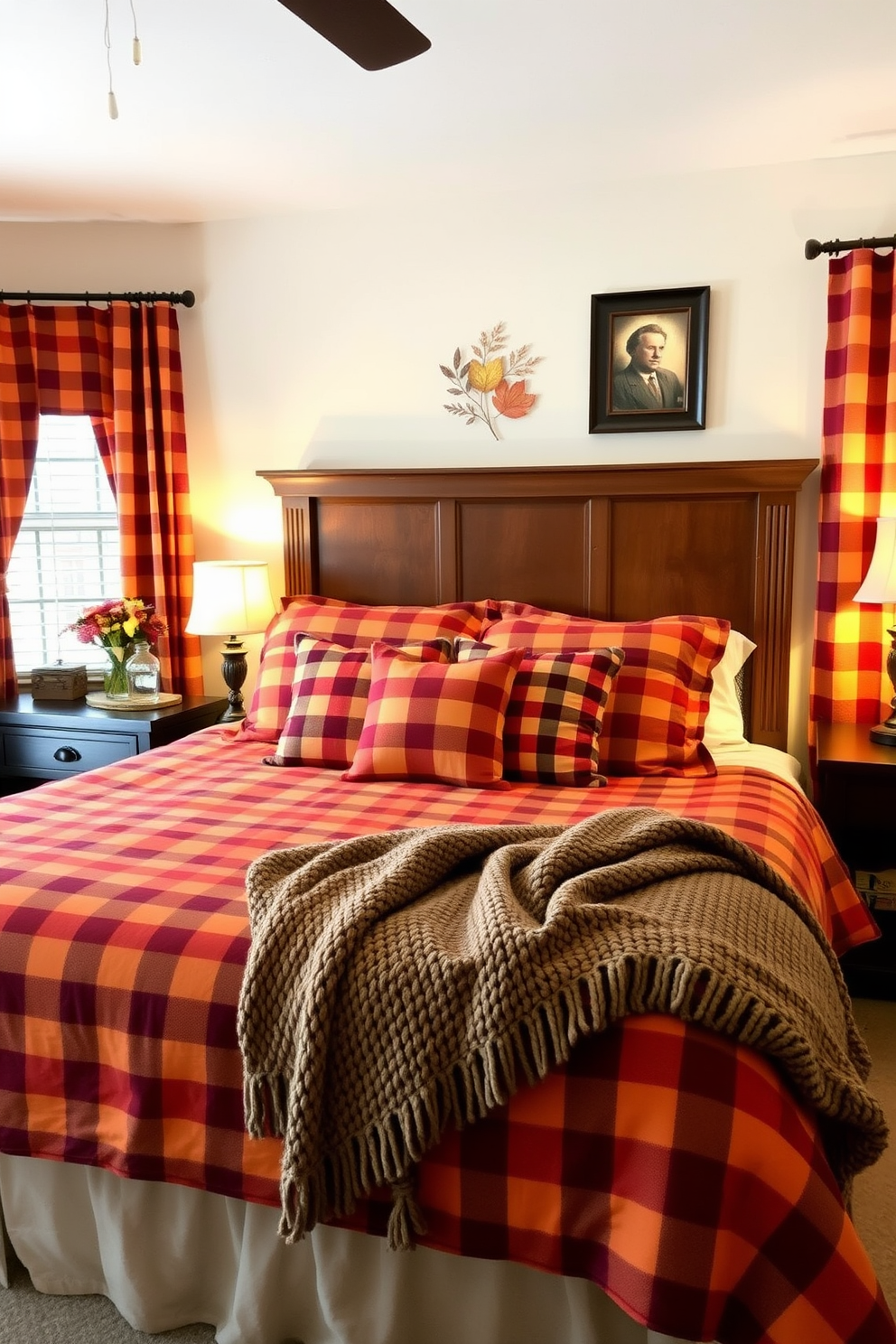 A cozy Thanksgiving bedroom setting featuring plaid patterns in the bedding and curtains. The color palette includes warm tones of orange, burgundy, and cream, creating an inviting atmosphere. A rustic wooden headboard complements the checkered throw pillows and a knitted blanket at the foot of the bed. Soft, ambient lighting from bedside lamps enhances the seasonal decor, while autumn-themed artwork adorns the walls.