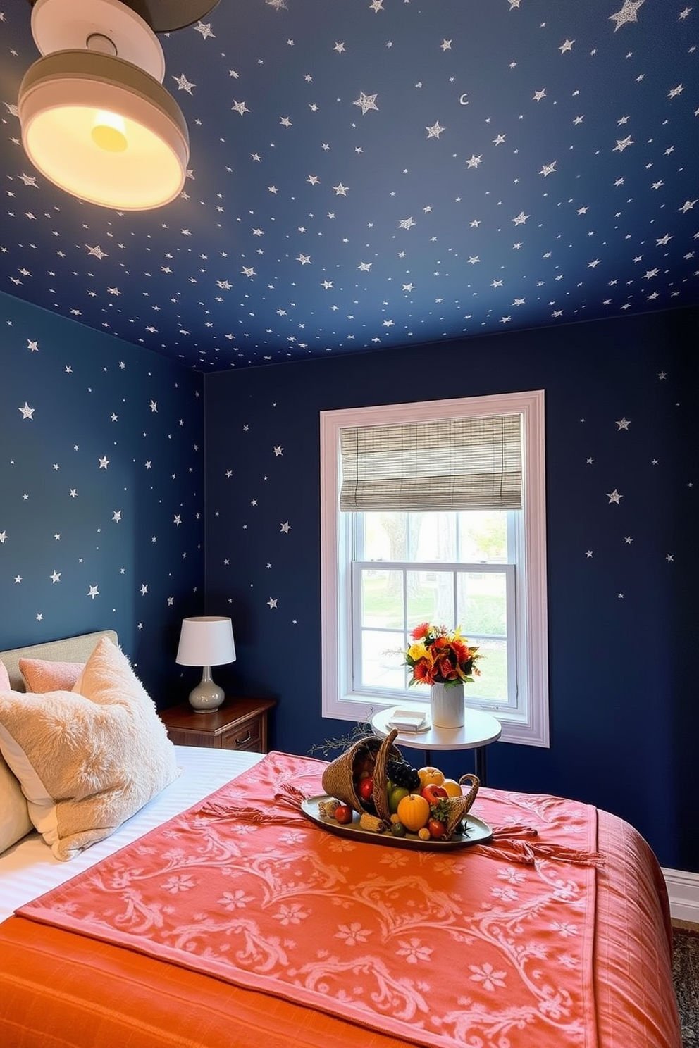 A cozy bedroom adorned with magical starry night ceiling decals that create a whimsical atmosphere. The walls are painted in a soft navy blue, complementing the twinkling stars that illuminate the space. For Thanksgiving, the room features warm autumnal accents such as plush throw pillows and a decorative harvest-themed bedspread. A small table by the window holds a cornucopia centerpiece filled with seasonal fruits and flowers, enhancing the festive ambiance.