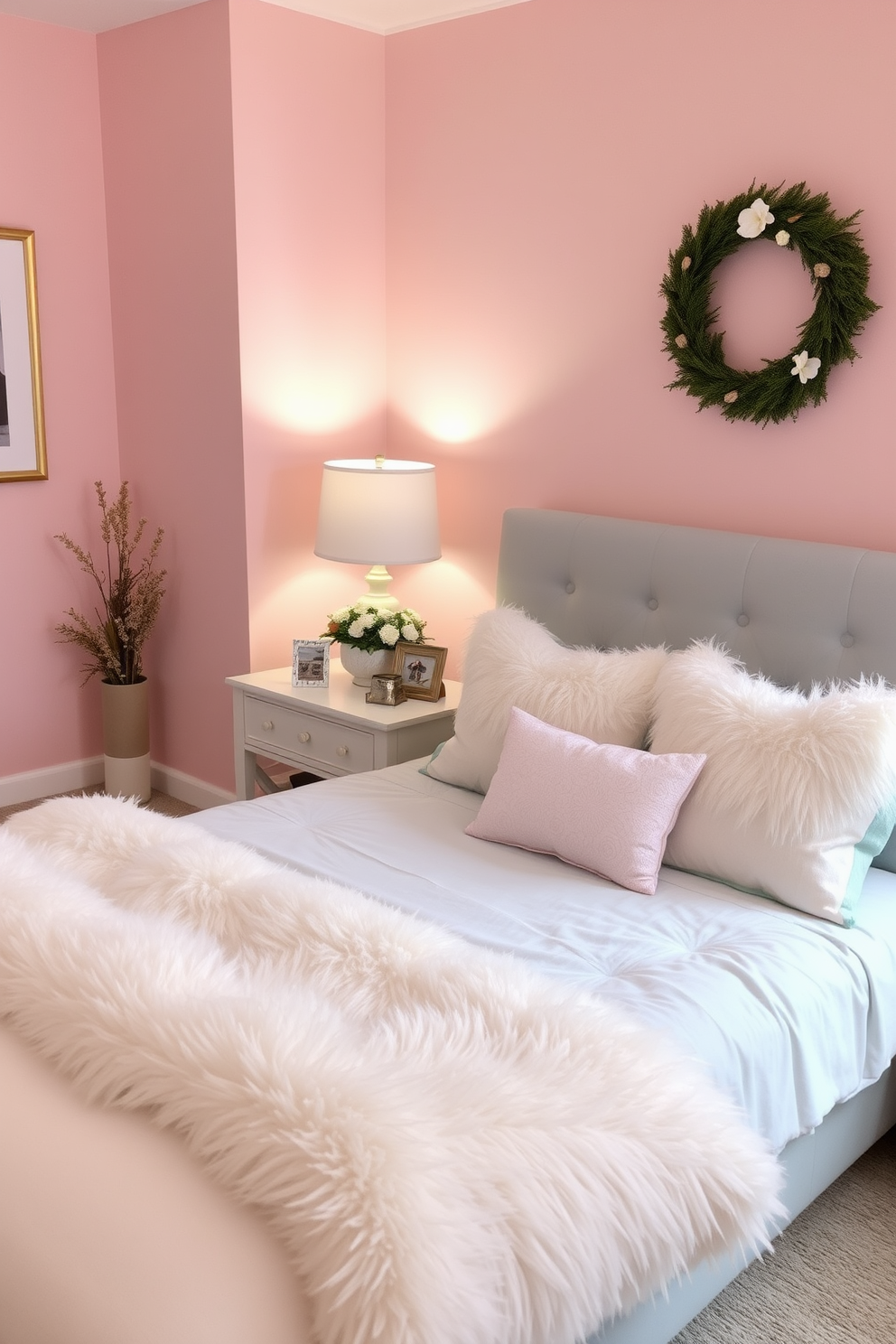 A cozy bedroom adorned in soft pastel colors creates a serene and calming atmosphere. The walls are painted in a gentle blush pink, complemented by a plush light blue bedspread and fluffy white pillows. Decorative elements include a delicate floral arrangement on the nightstand and a soft grey area rug underfoot. Subtle golden accents in the lamp and picture frames add a touch of elegance to the Thanksgiving-themed decor.