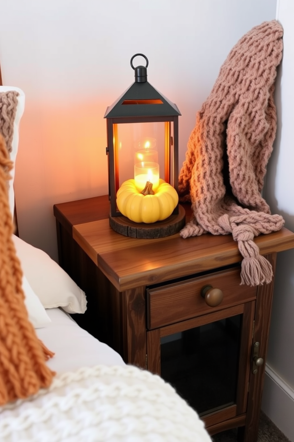 A rustic wooden nightstand is adorned with a small pumpkin centerpiece and a cozy knitted throw. A delicate lantern with a warm candle inside adds a soft glow, creating an inviting atmosphere for Thanksgiving.